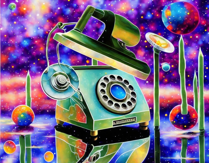Colorful Vintage Rotary Phone Painting with Cosmic Background