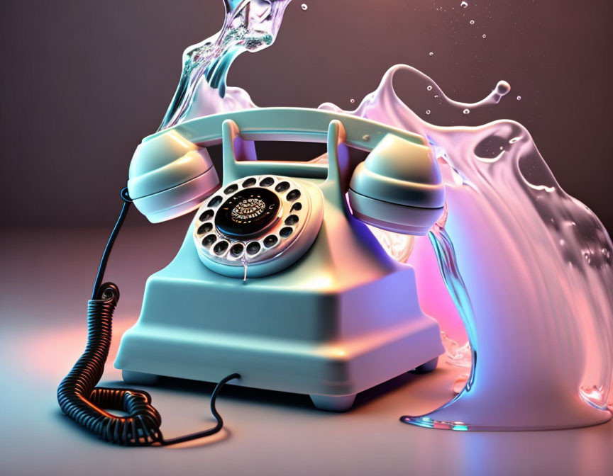 Vintage Rotary Phone Surrounded by Water Splashes and Colorful Lights
