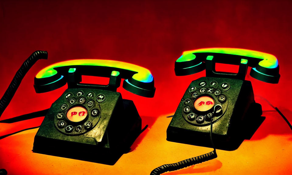 Vintage rotary phones with neon green light on red background