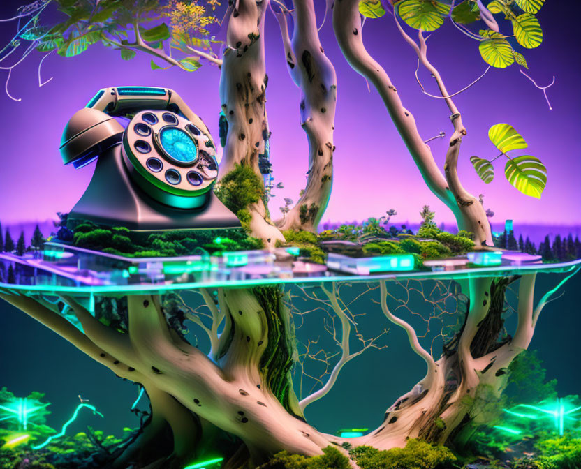 Surreal artwork: vintage telephone on floating island with vibrant trees