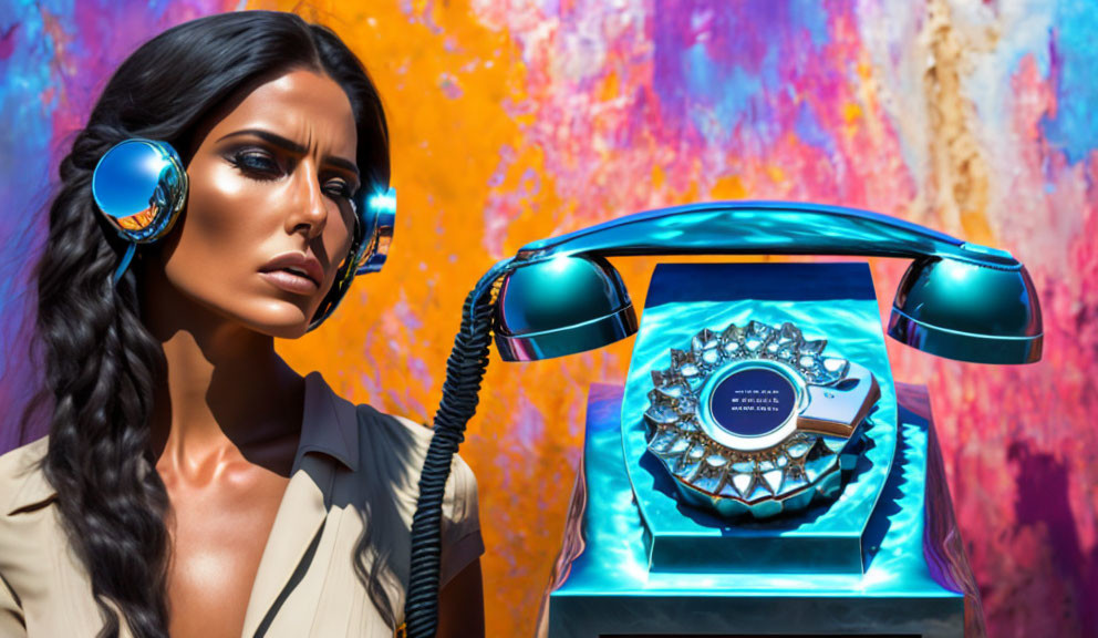 Futuristic headphones woman with blue rotary phone on abstract background