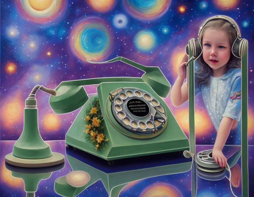 Child with headphones and vintage green rotary phone in cosmic background