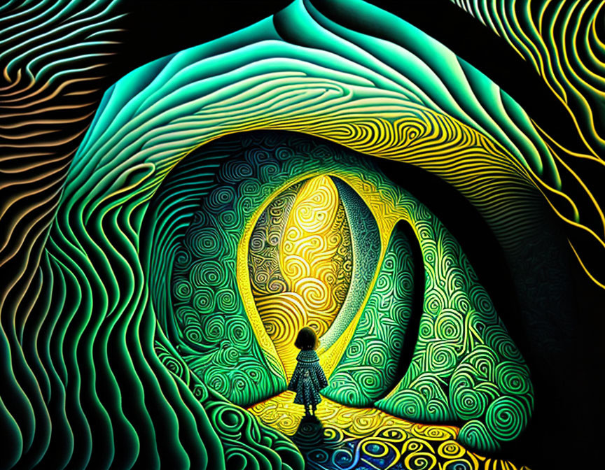 Child stands before vibrant, psychedelic portal with wavy patterns and glowing colors