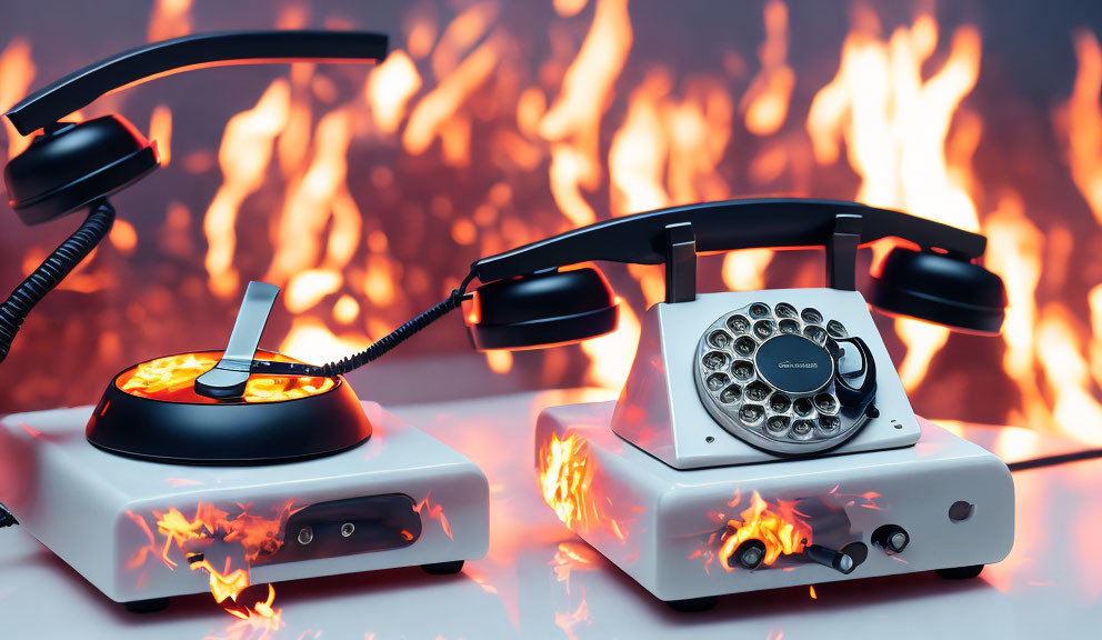 Vintage rotary phone and lit cigarette with flame effects on fiery backdrop