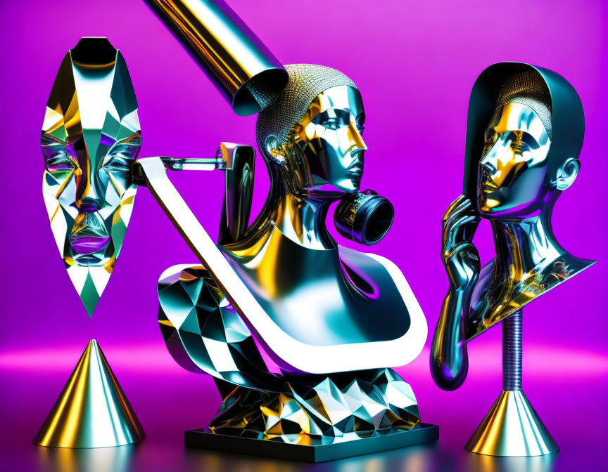 Metallic humanoid figures and abstract shapes in a vibrant digital art piece.