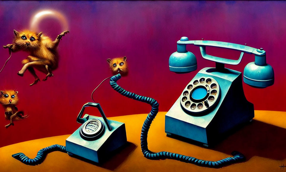 Surreal artwork: flying cats with human-like faces, vintage telephones, red backdrop, solar