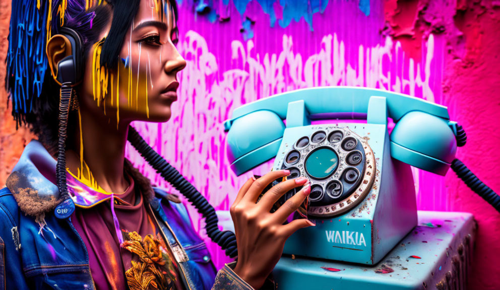 Colorful Makeup Woman with Retro Phone in Graffiti Background