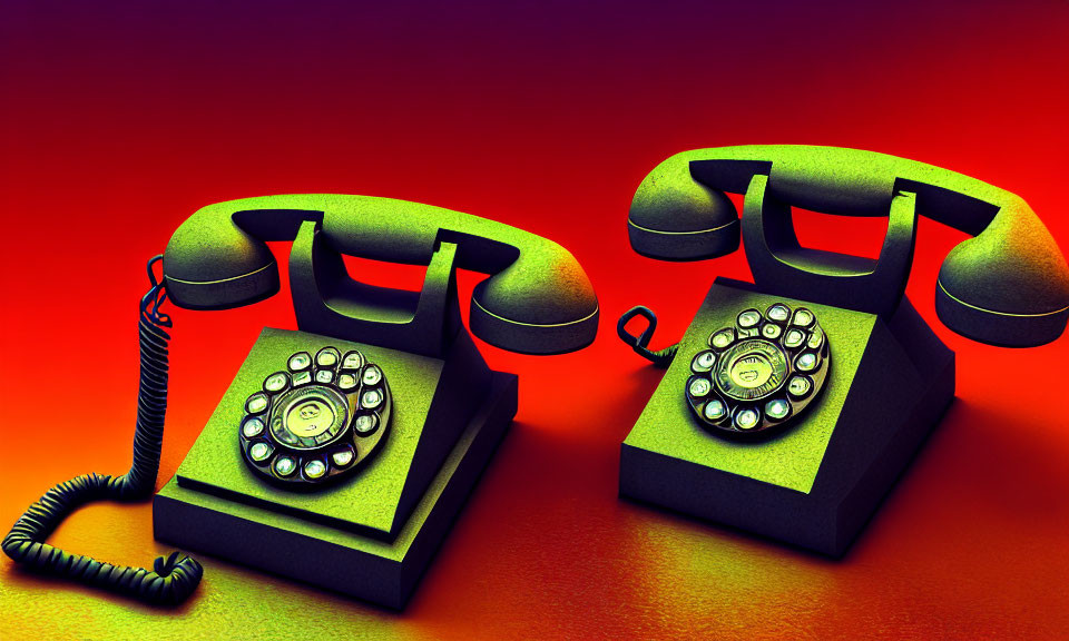 Vintage Rotary Dial Telephones on Red-Orange Surface