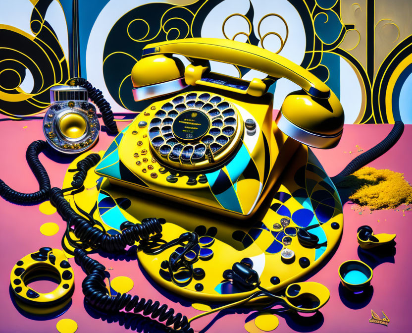 Vintage yellow and black rotary phone with disconnected parts on whimsical background
