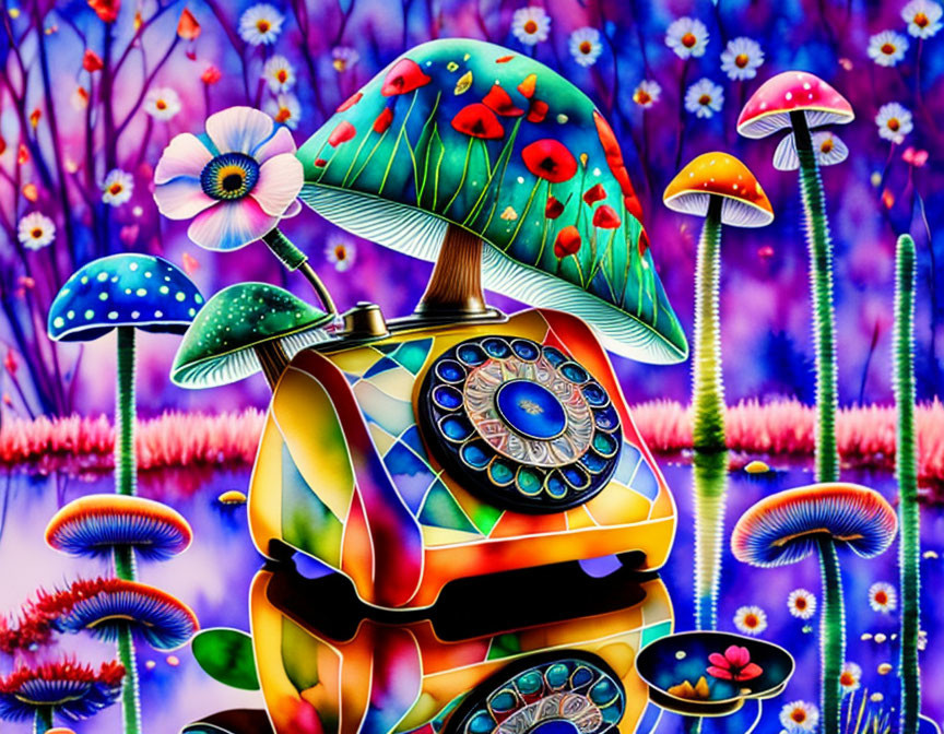 Vibrant psychedelic artwork: whimsical turtle in fantasy mushroom forest