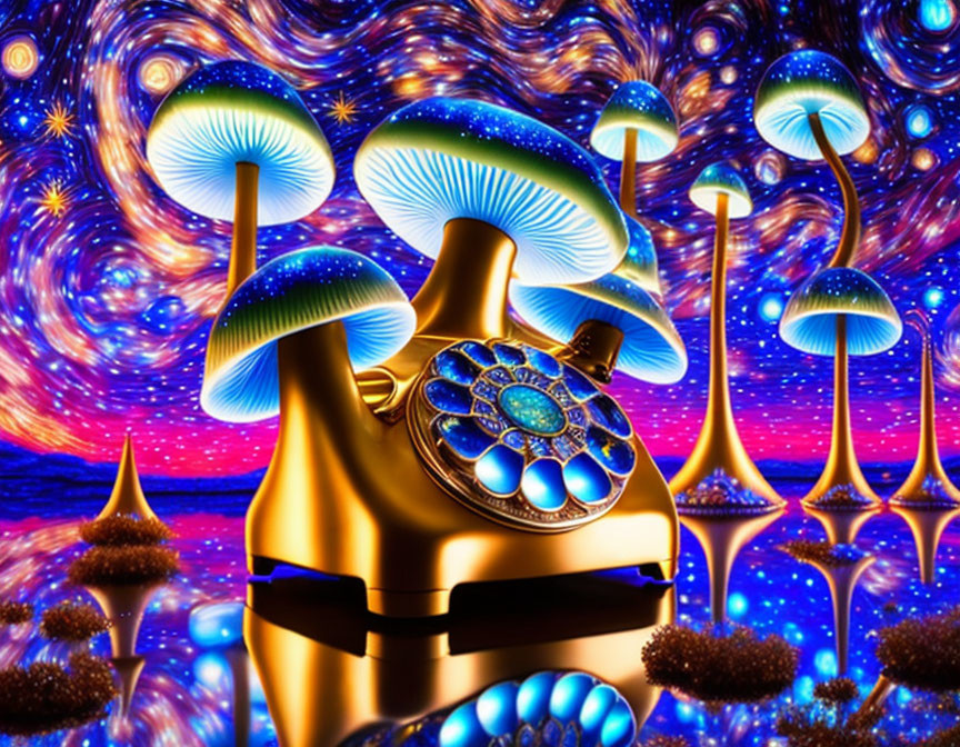 Surreal digital art: vibrant mushrooms, golden mask, cosmic background