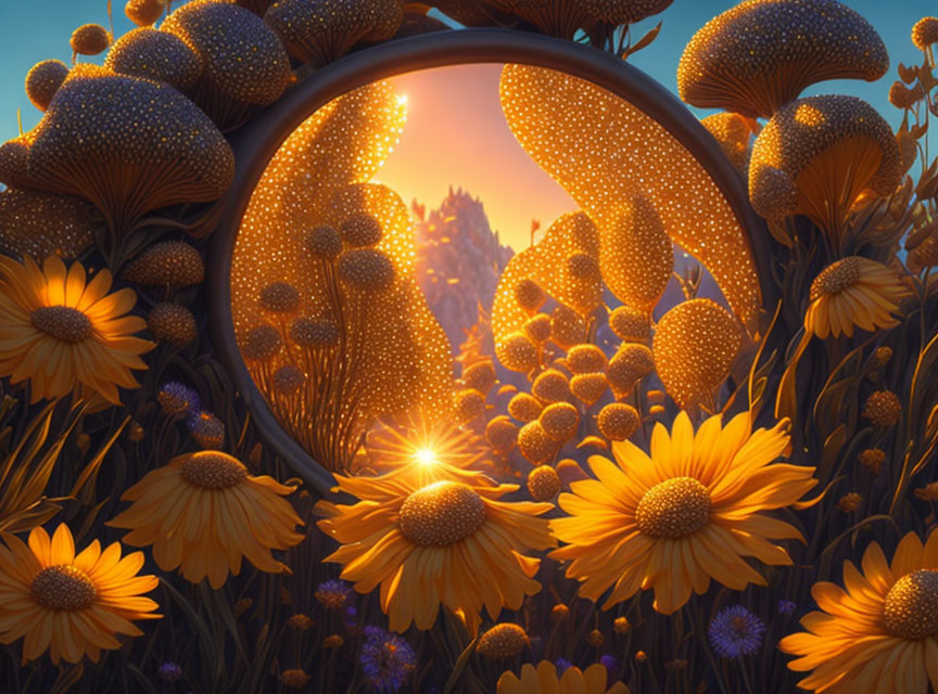 Glowing mushrooms, yellow flowers, and sunset in magical portal scene