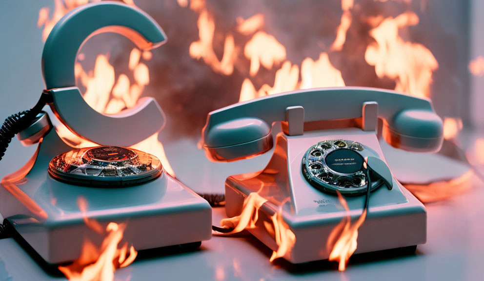Vintage rotary telephone surrounded by stylized orange flames on cool-toned background