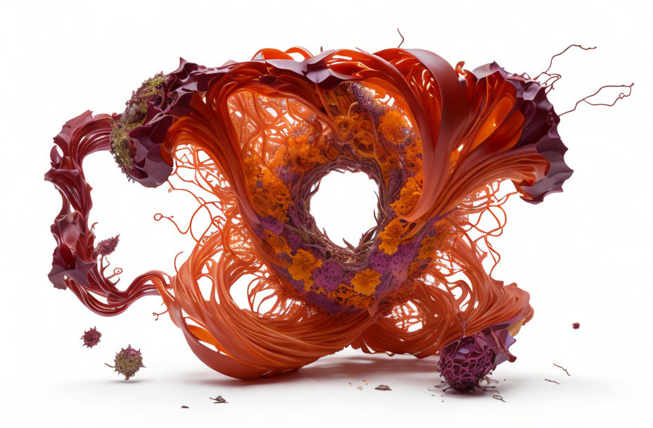 Abstract 3D illustration: Red and orange fluid heart surrounded by swirling patterns