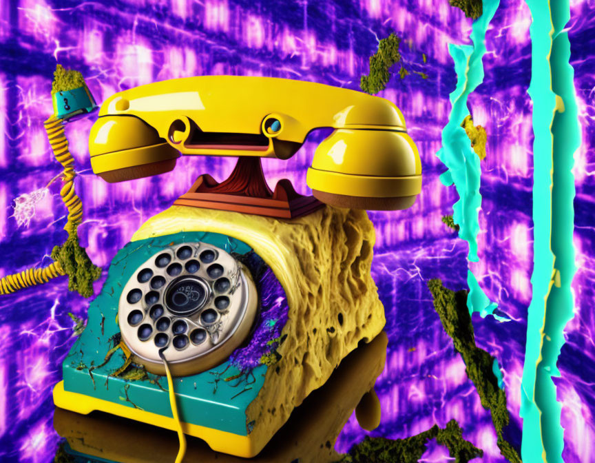 Vintage rotary phone with yellow receiver on multicolored base on psychedelic purple background.