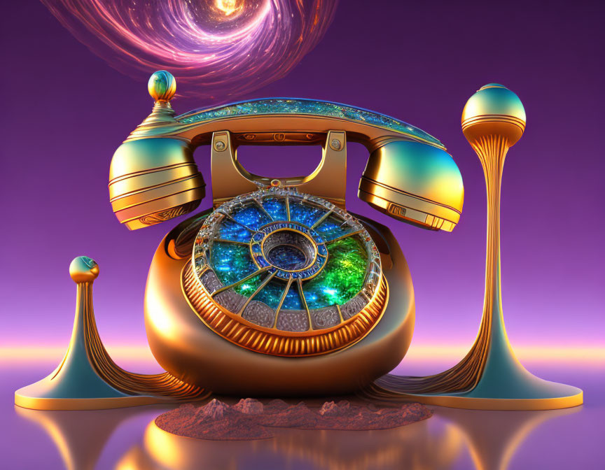 Retro-futuristic telephone with golden accents and cosmic design on purple background