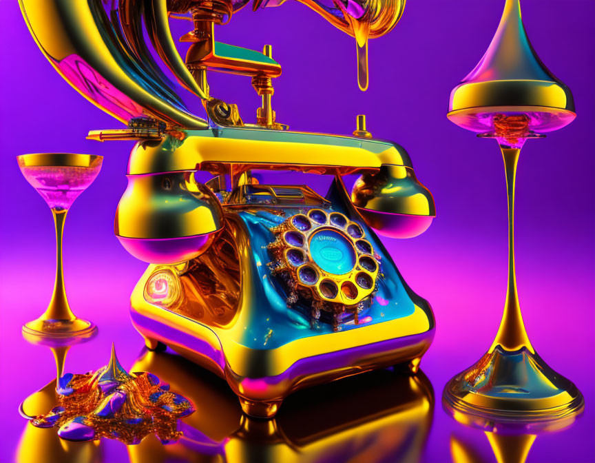 Colorful surreal scene: rotary telephone melting among morphing objects on purple background