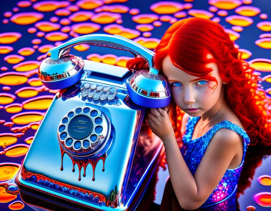 Vibrant red-haired girl with blue rotary phone on surreal orange background