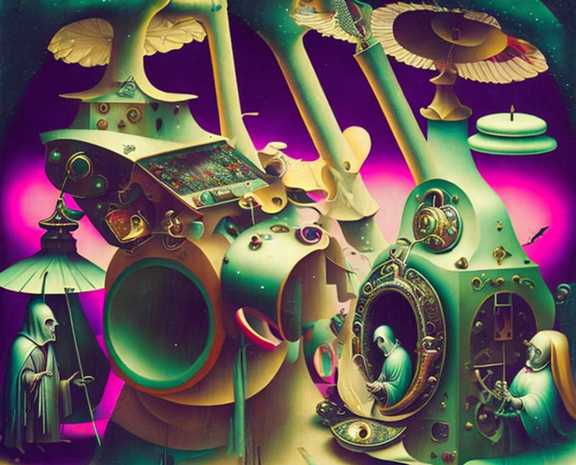 Psychedelic surreal artwork: robed figures and machine-like structure on vibrant background
