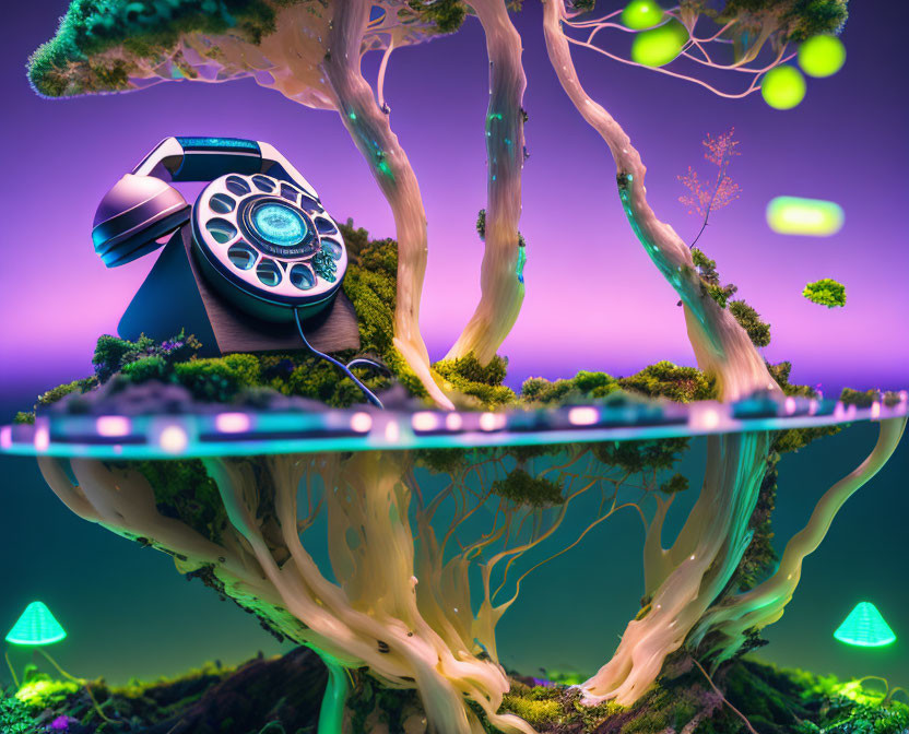 Vibrant underwater scene with glowing plant life and futuristic bioluminescent telephone