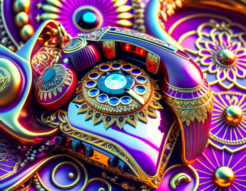 Vibrant vintage rotary phone with ornate details and intricate patterns