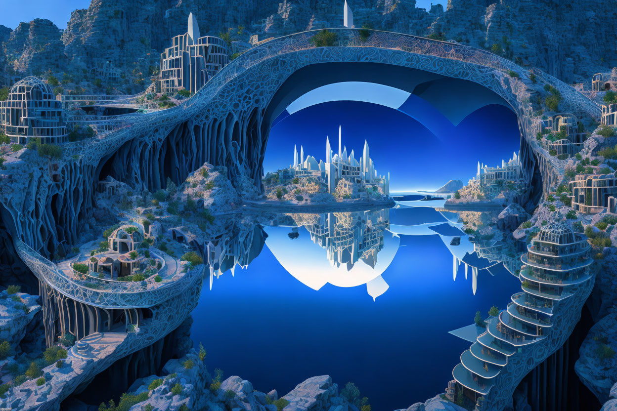 Organic architecture in futuristic city with bridge and reflective water