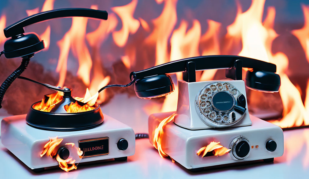 Vintage telephones ablaze on hotplates against flames.