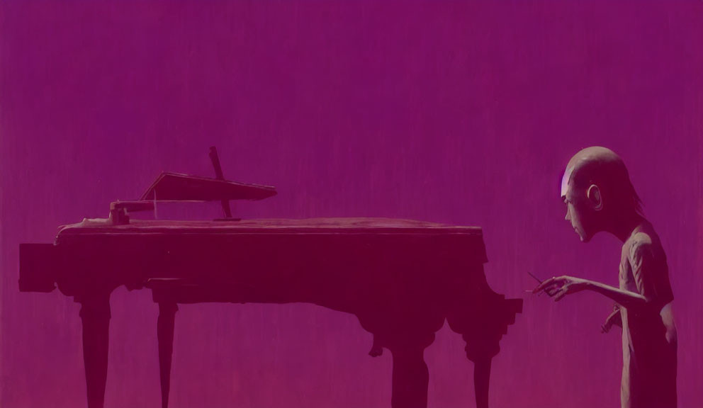 Silhouette of person at grand piano on purple background