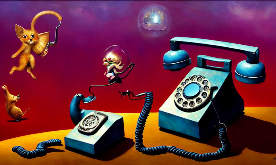 Whimsical painting of kittens playing with vintage telephones on surreal red background