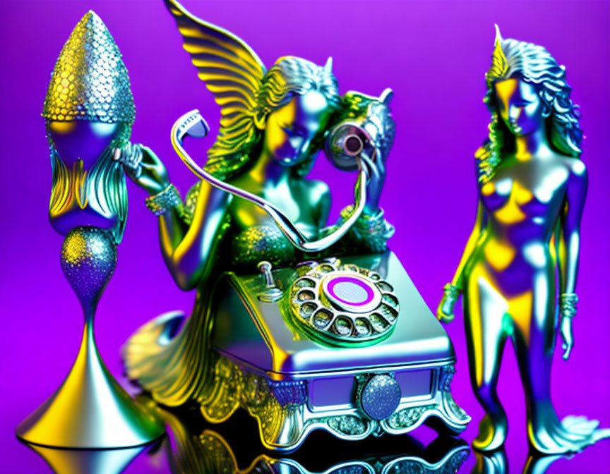 Colorful Setting with Three Metallic Mermaid Statue Figures