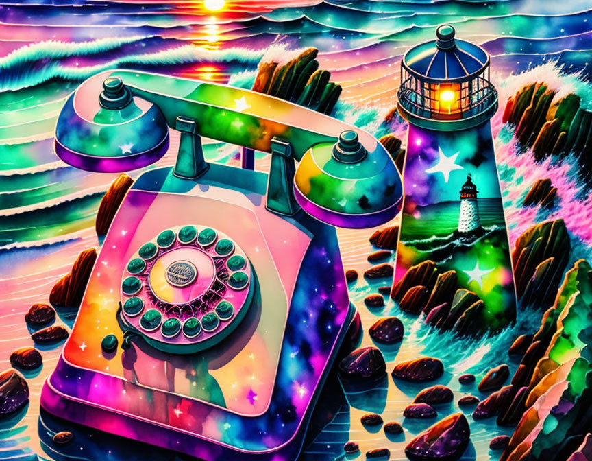 Vintage Rotary Phone with Cosmic and Oceanic Motif on Lighthouse Backdrop