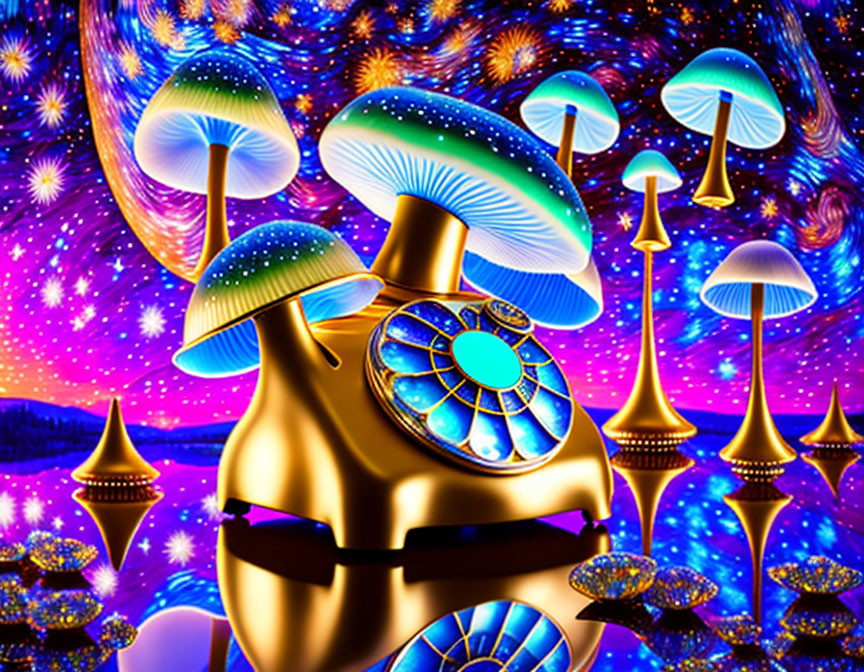 Colorful psychedelic artwork with mushrooms, golden face, and mandala on starry backdrop