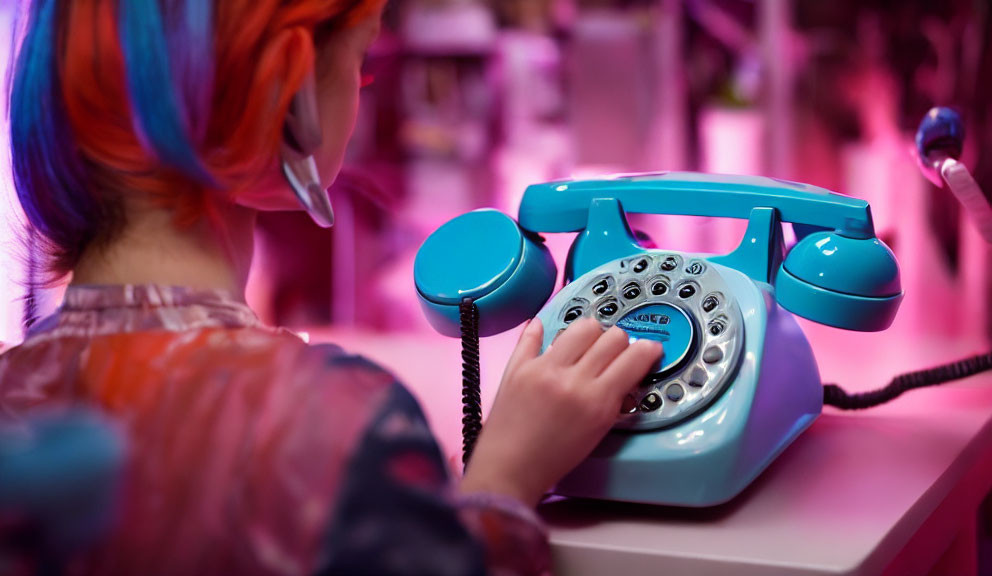 Colorful Hair Person Dialing Retro Blue Rotary Phone in Pink Room