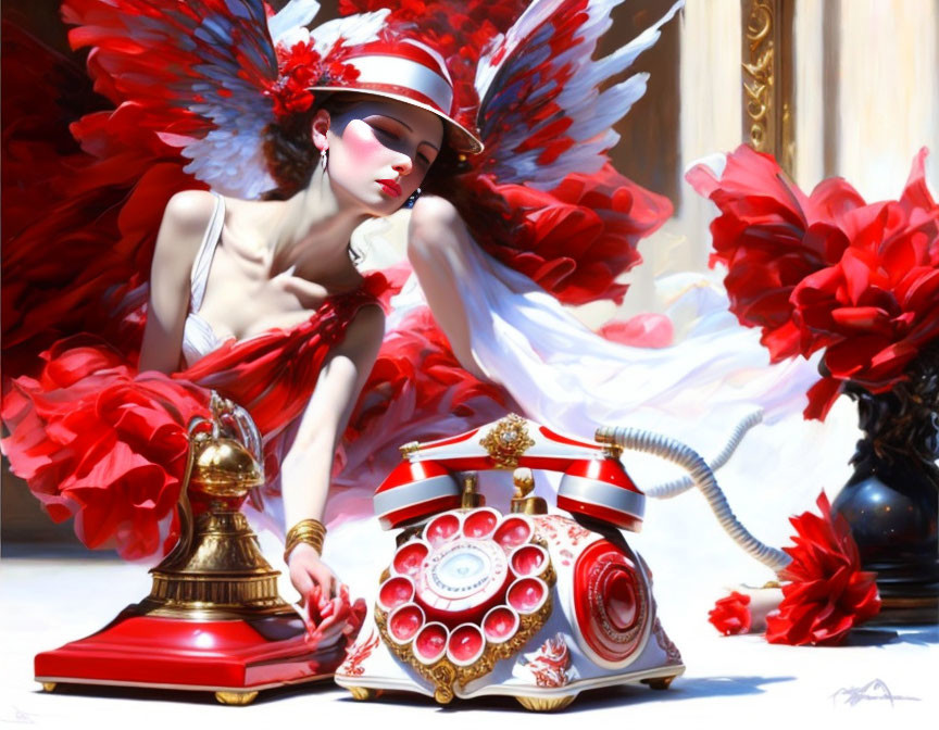Stylized portrait of woman with red feathered wings and antique telephone