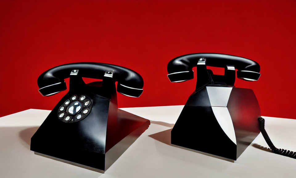 Vintage Black Rotary Telephones with Handsets Against Red Background