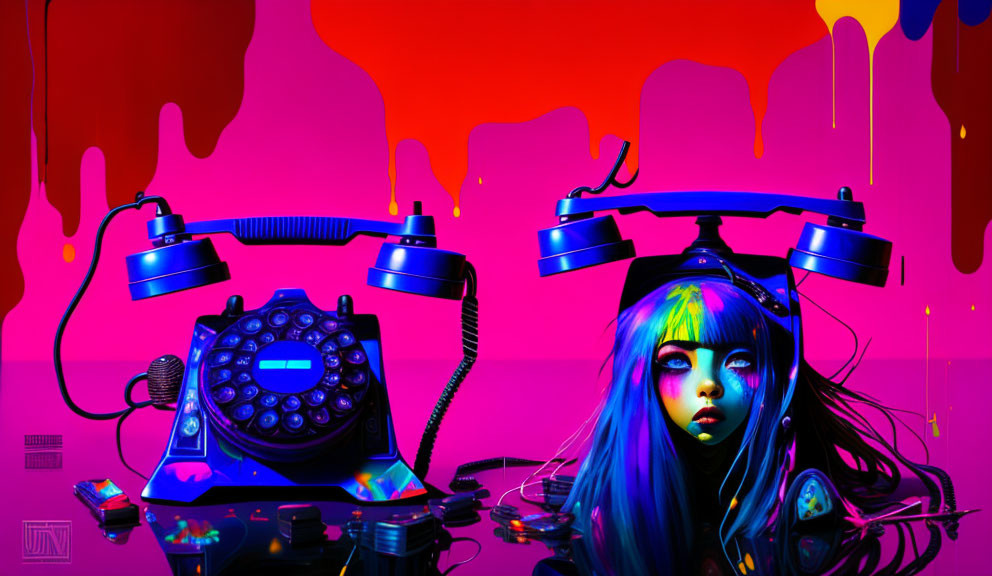 Colorful digital artwork: telephone, girl with blue hair, neon pink and purple backdrop
