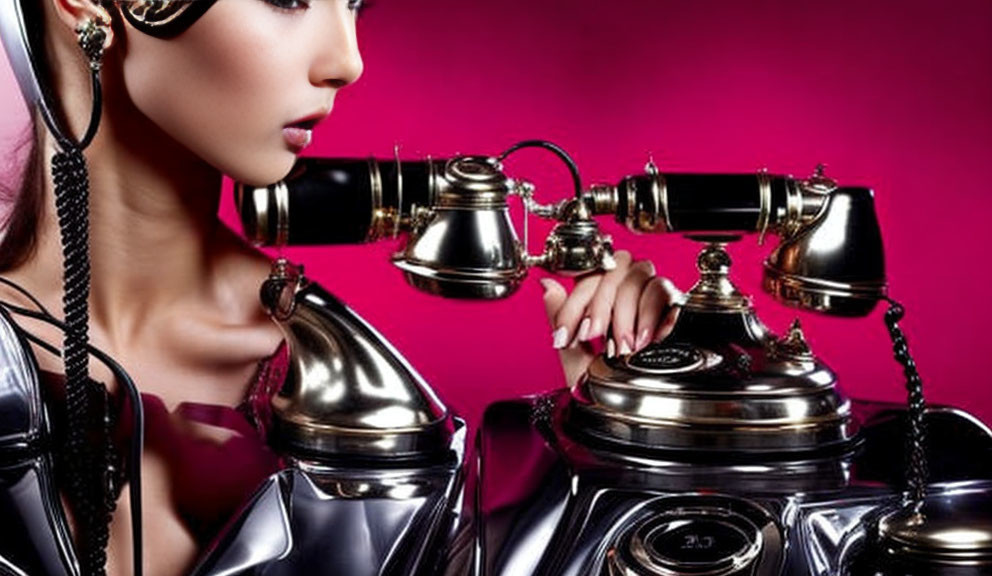 Futuristic woman in metallic outfit with rotary phone on pink background