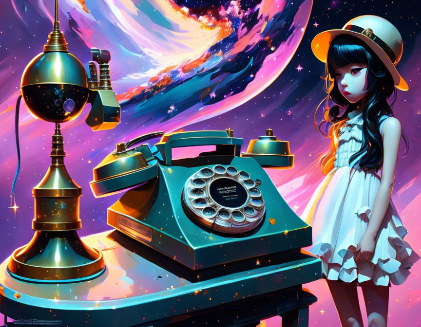 Illustration of girl with vintage telephone and astronaut helmet in cosmic setting