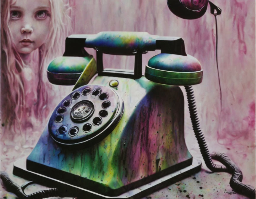 Colorful Vintage Telephone with Paint Splatters and Pensive Girl Backdrop