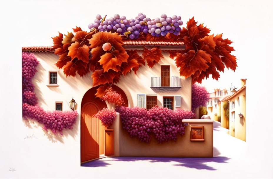 Stylized Mediterranean street scene with grapevines and autumn leaves