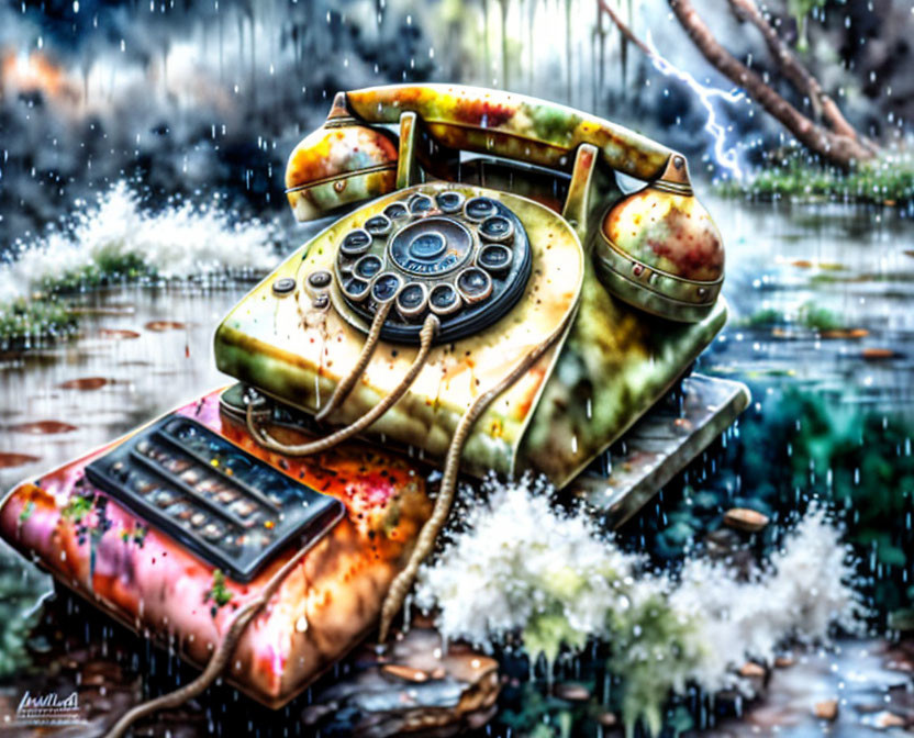 Vibrant retro rotary telephone illustration in surreal rainy scene