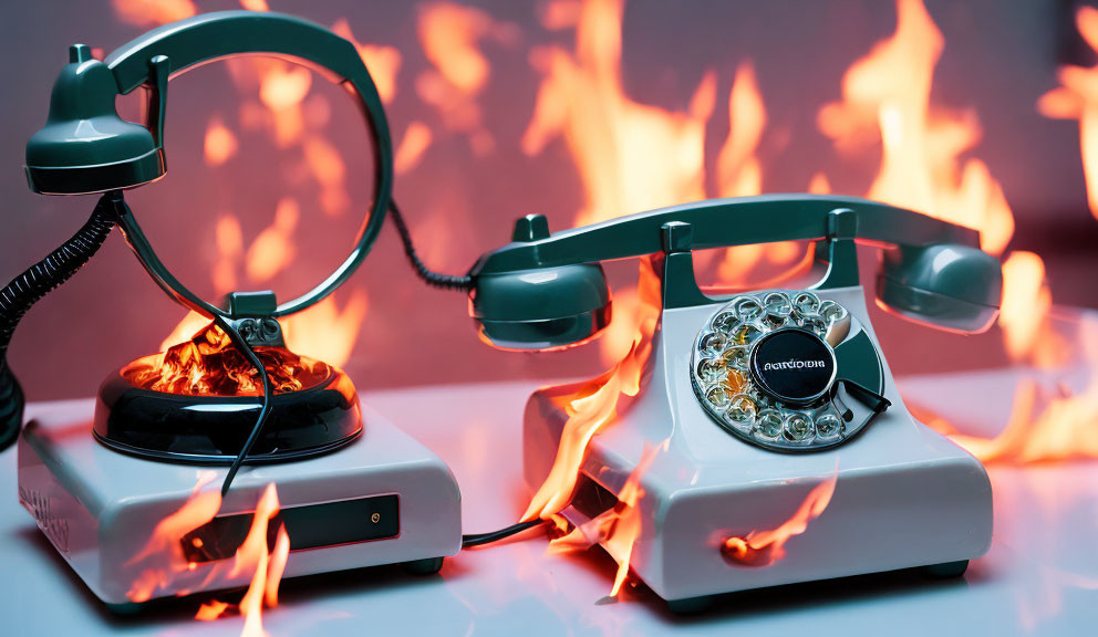 Vintage rotary phone engulfed in flames on reflective surface