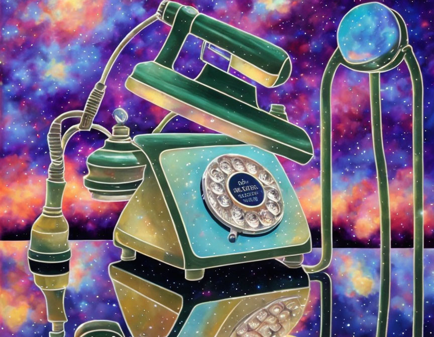 Vintage-style rotary phone illustration with levitating handset on space-themed background.