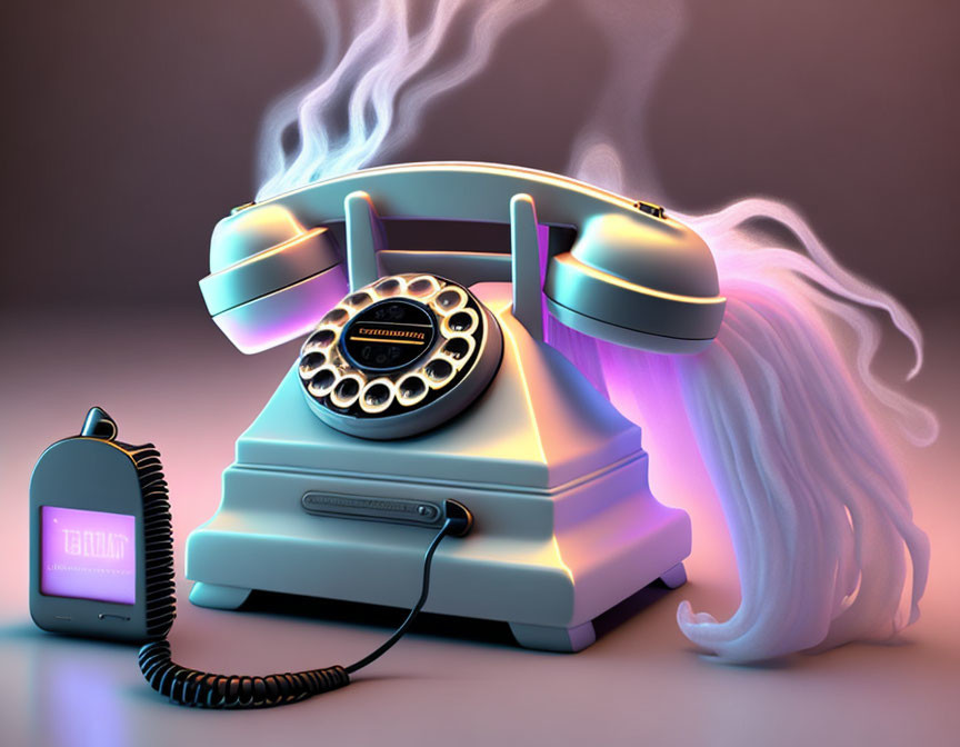 Vintage rotary phone with smoke-like trails: A dreamy communication concept
