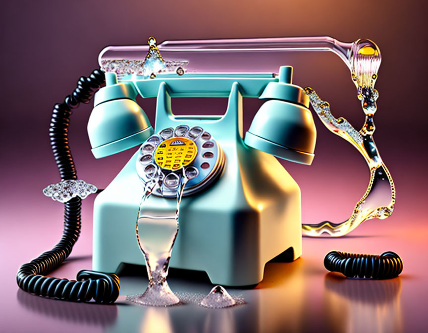 Vintage Turquoise Rotary Phone with Melting Details in Surreal Illustration