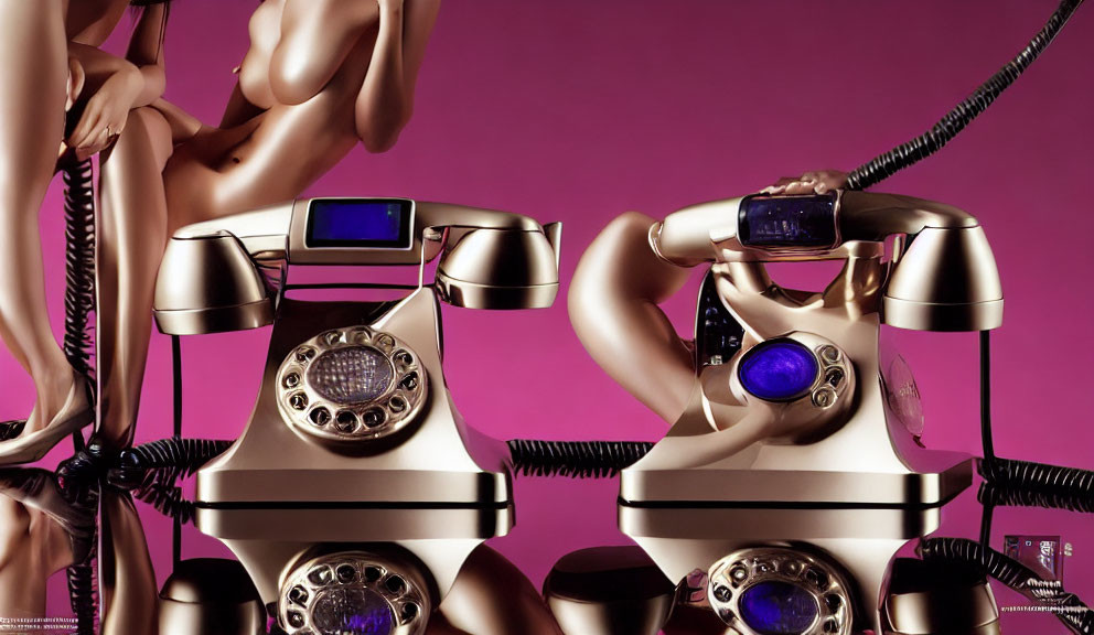 Vintage gold rotary phones with modern blue screens on pink background