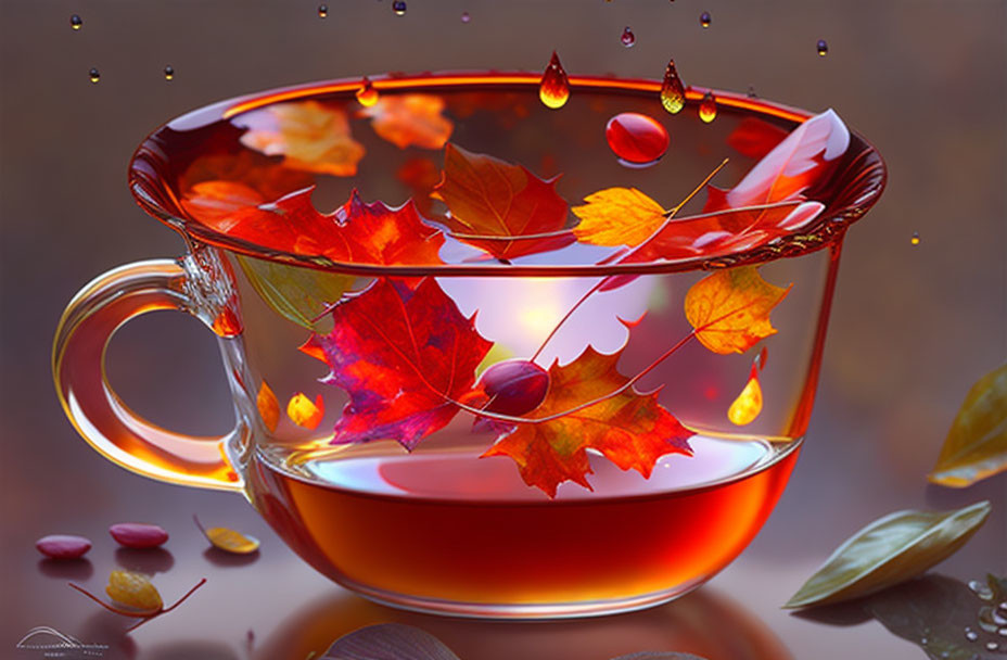 Transparent tea cup with amber liquid, autumn leaves, and suspended droplets symbolizing warm, seasonal ambiance