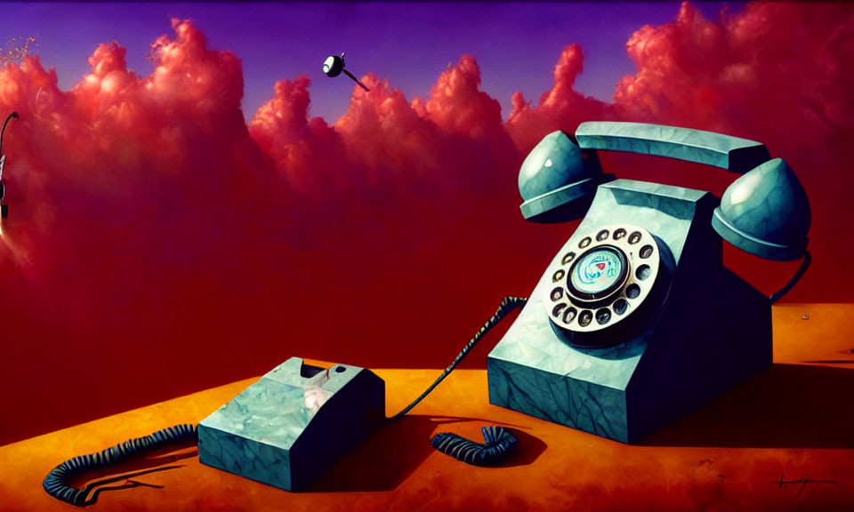 Surreal painting: vintage telephone receiver floating above rotary phone in desert landscape