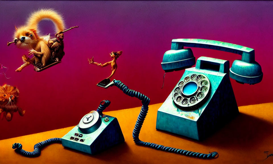Whimsical painting featuring anthropomorphic animals and vintage telephones on purple background