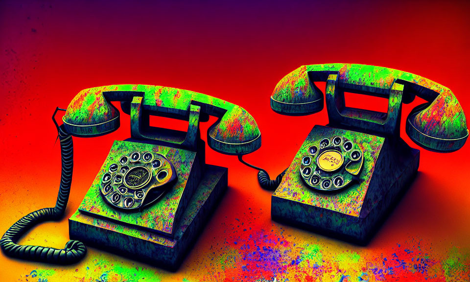 Vintage Rotary Dial Telephones with Colorful Paint Splatters on Red-Orange Background